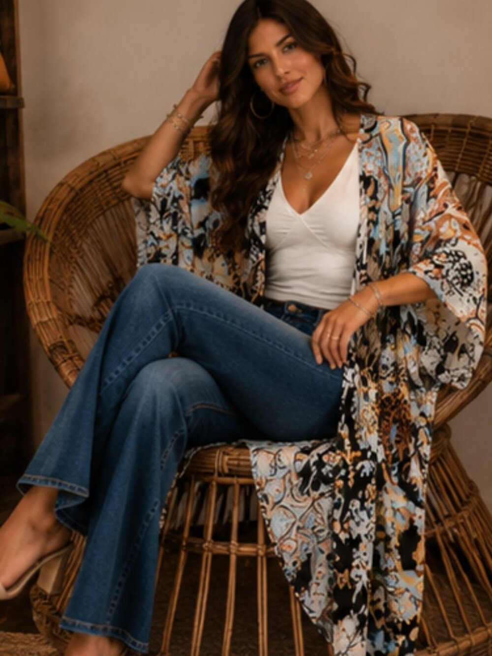 Tribal Print Kimono Lightweight Boho Duster Spring Summer Layering Piece - Picture 2 of 11